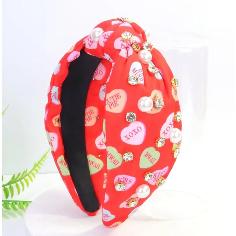 Valentines Conversation Hearts Red Top Knot Headband with Faux Pearls and Gems